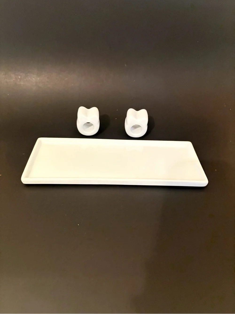 Solid White Ceramic Cat Toothbrush Holders and Tray